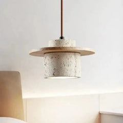 Natural Travertine Stone & Wood Pending Light Zenvia Essentials
