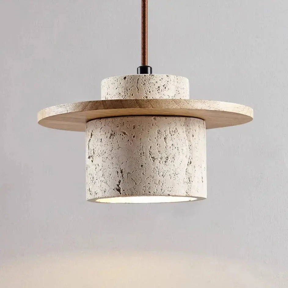 Natural Travertine Stone & Wood Pending Light Zenvia Essentials