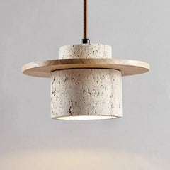 Natural Travertine Stone & Wood Pending Light Zenvia Essentials