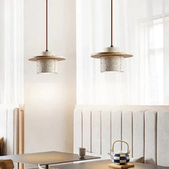 Natural Travertine Stone & Wood Pending Light