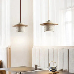 Natural Travertine Stone & Wood Pending Light Zenvia Essentials