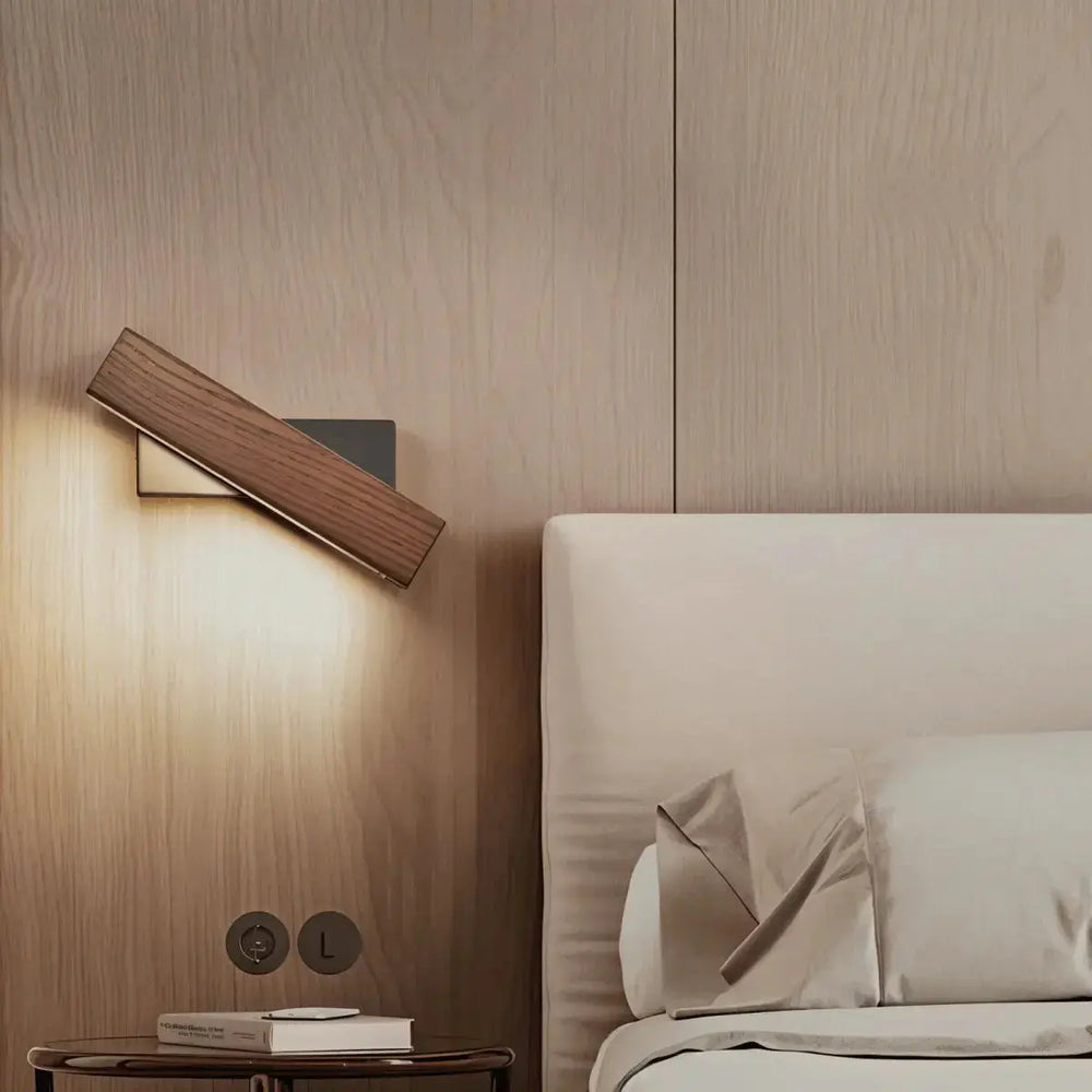 Zenvia Essentials 360° Swiveling Wooden Wall Lights For Living Room with dark brown finish on a light-colored wood paneling