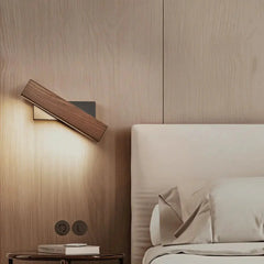 Zenvia Essentials 360° Swiveling Wooden Wall Lights For Living Room with dark brown finish on a light-colored wood paneling