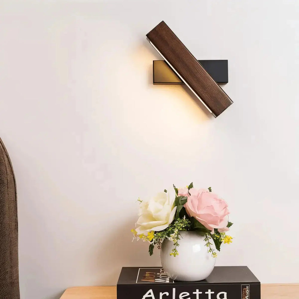 360° Swiveling Wooden Wall Lights For Living Room with wooden frame and black base