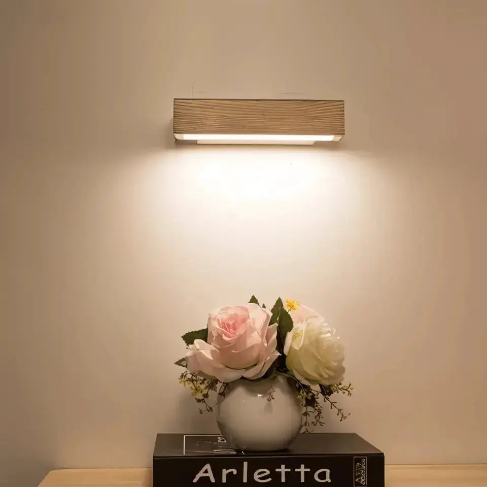 360° Swiveling Wooden Wall Lights For Living Room with a wooden panel and black control box