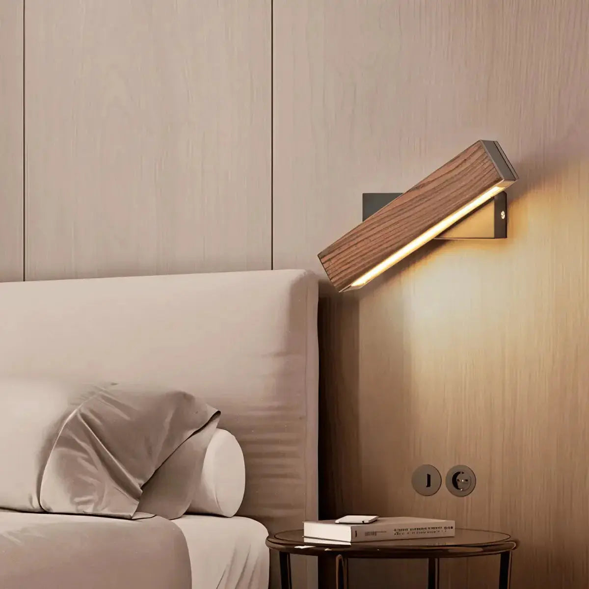 Zenvia Essentials 360° Swiveling Wooden Wall Lights For Living Room on white wood paneling