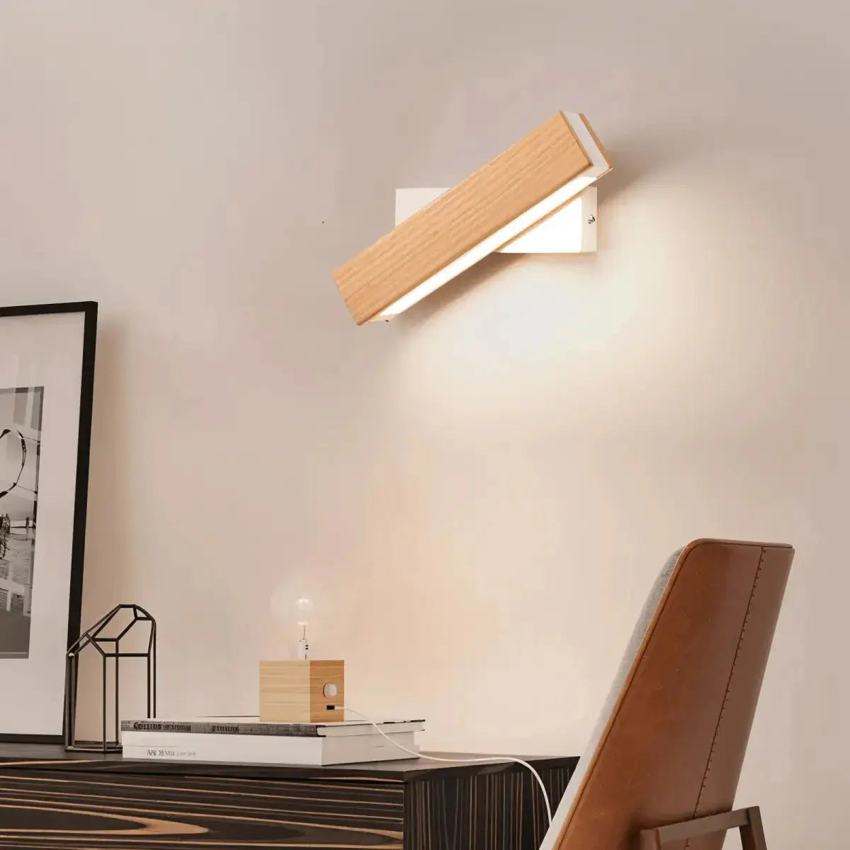 Zenvia Essentials 360° Swiveling Wooden Wall Lights For Living Room, mounted on beige wall
