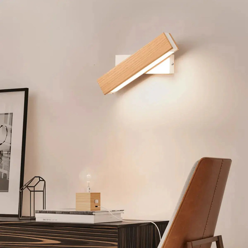 Zenvia Essentials 360° Swiveling Wooden Wall Lights For Living Room, mounted on beige wall