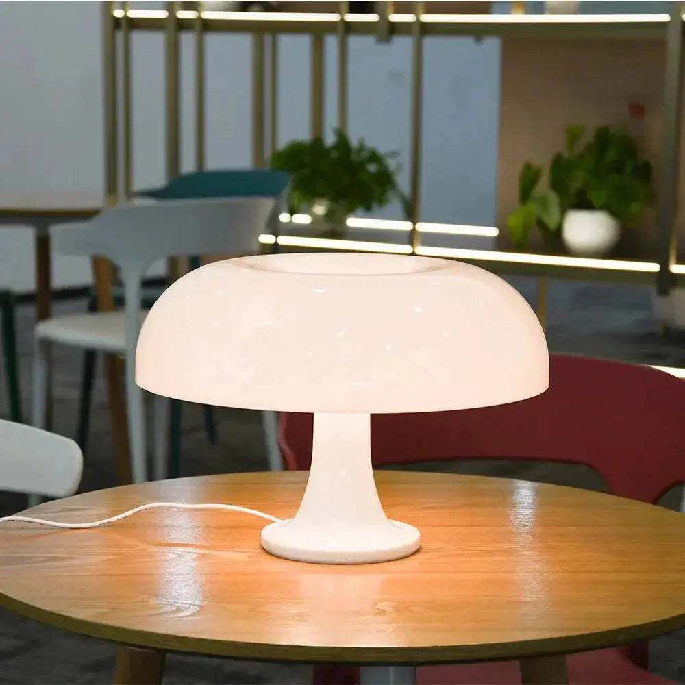 Zenvia Essentials Classic Mushroom Italian LED Lamp on a wooden table with round base and white lampshade