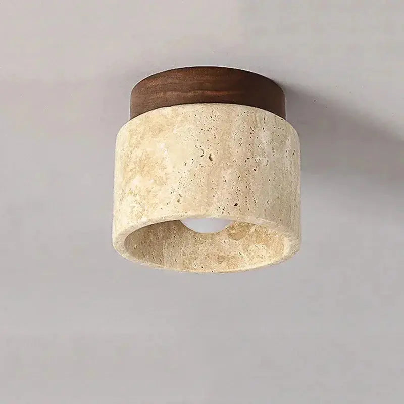 Zenvia Essentials Creative Cream Style Ceiling Light with beige stone-textured cylindrical body and dark brown wooden base