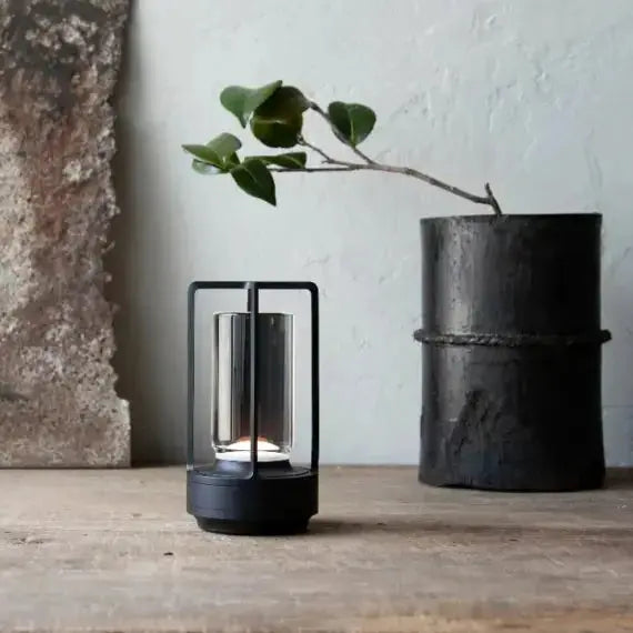 Zenvia Essentials Elegant Crystal Rechargeable Table Lamp For Bedroom on wooden surface next to potted plant in black pot