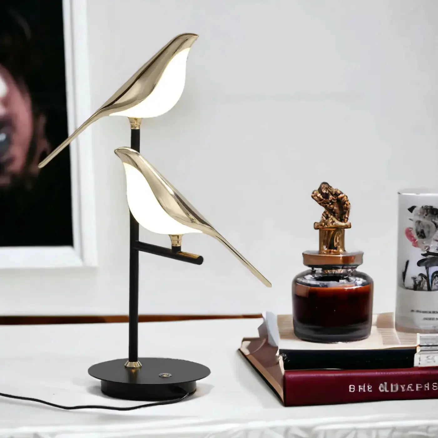 Zenvia Essentials Golden Bird Table Lamp for Bedroom with gold bird design on black metal base