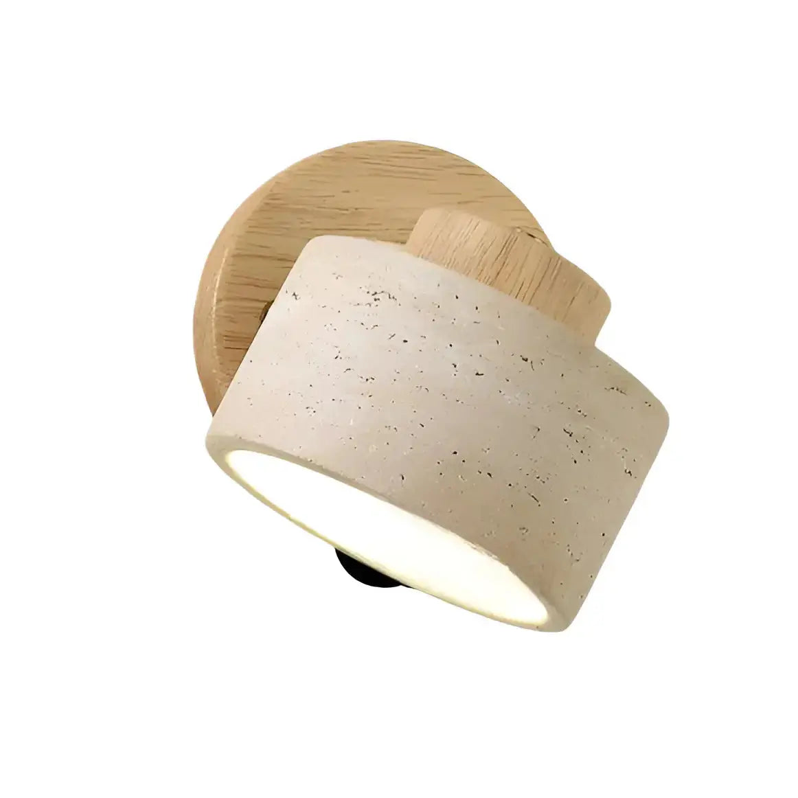 Zenvia Essentials Minimalist Travertine Stone LED Wall Light with beige fabric shade on wooden base