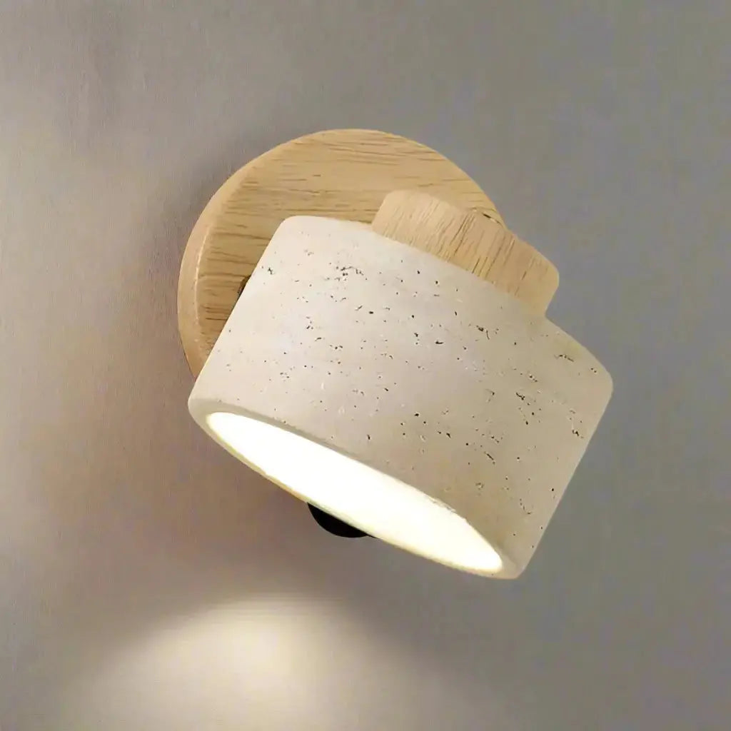 Zenvia Essentials Minimalist Travertine Stone LED Wall Light with round wooden base and textured white ceramic shade