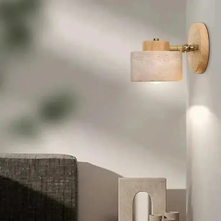 Zenvia Essentials Minimalist Travertine Stone LED Wall Light with white glass shade on wooden base