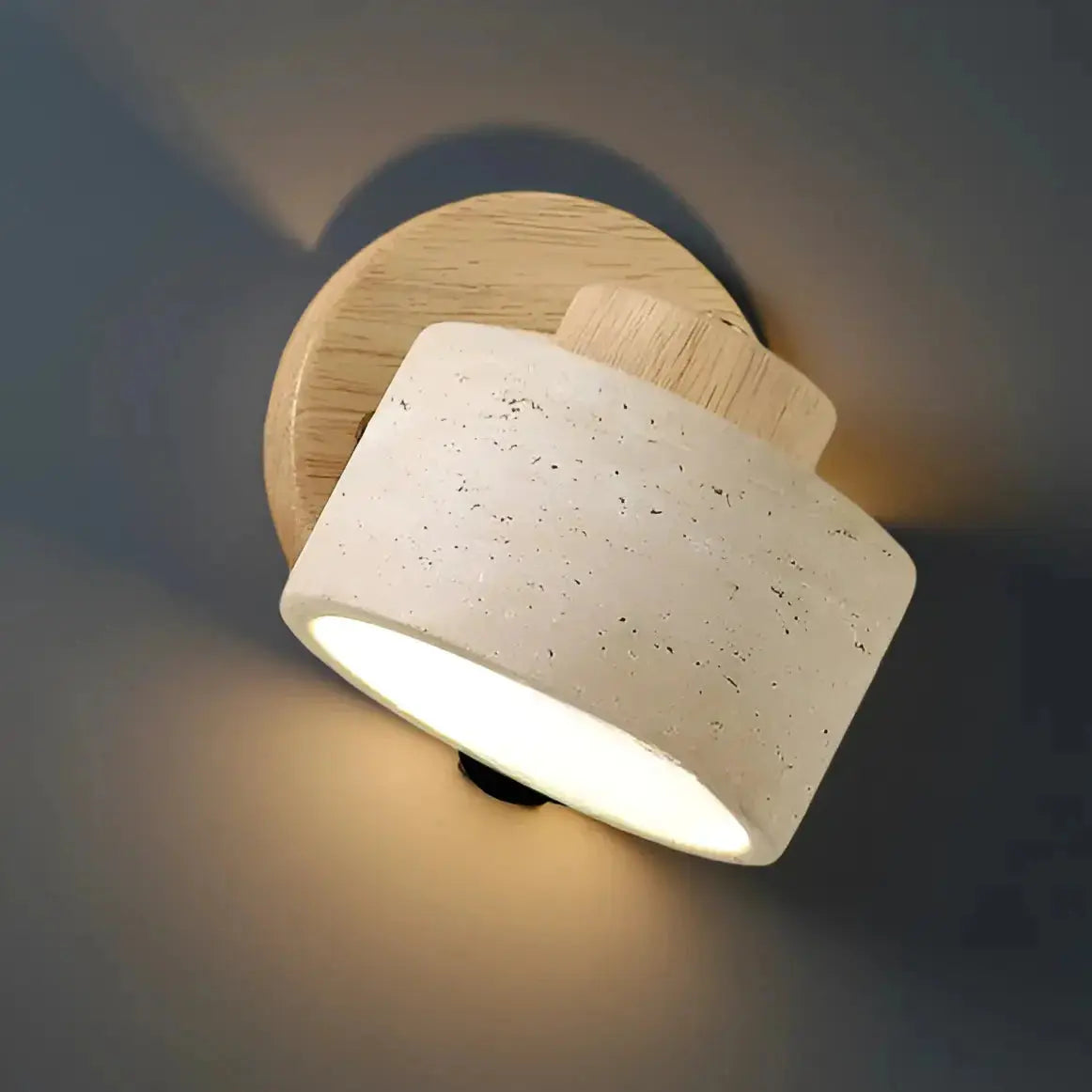 Zenvia Essentials Minimalist Travertine Stone LED Wall Light with wooden base and textured white fabric cover