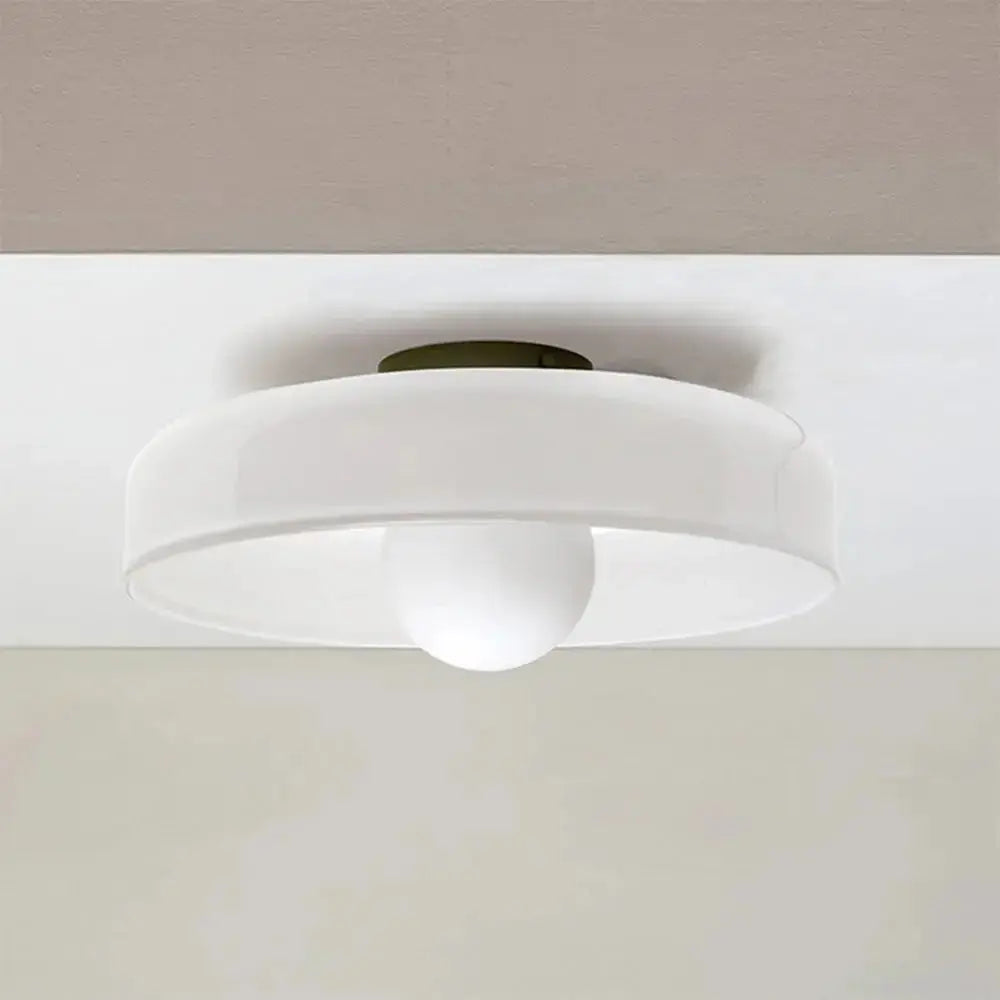 Zenvia Essentials Modern Round Glass Ceiling Light For Bedroom with white glass shade and green base, lit bulb