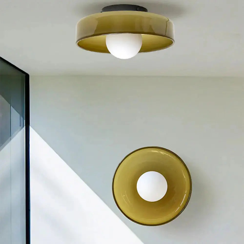 Zenvia Essentials Modern Round Glass Ceiling Light For Bedroom, two beige round glass fixtures in a modern bedroom