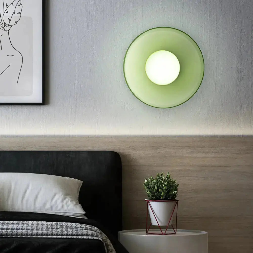 Zenvia Essentials Modern Round Glass Ceiling Light For Bedroom with green glass shade in a modern bedroom