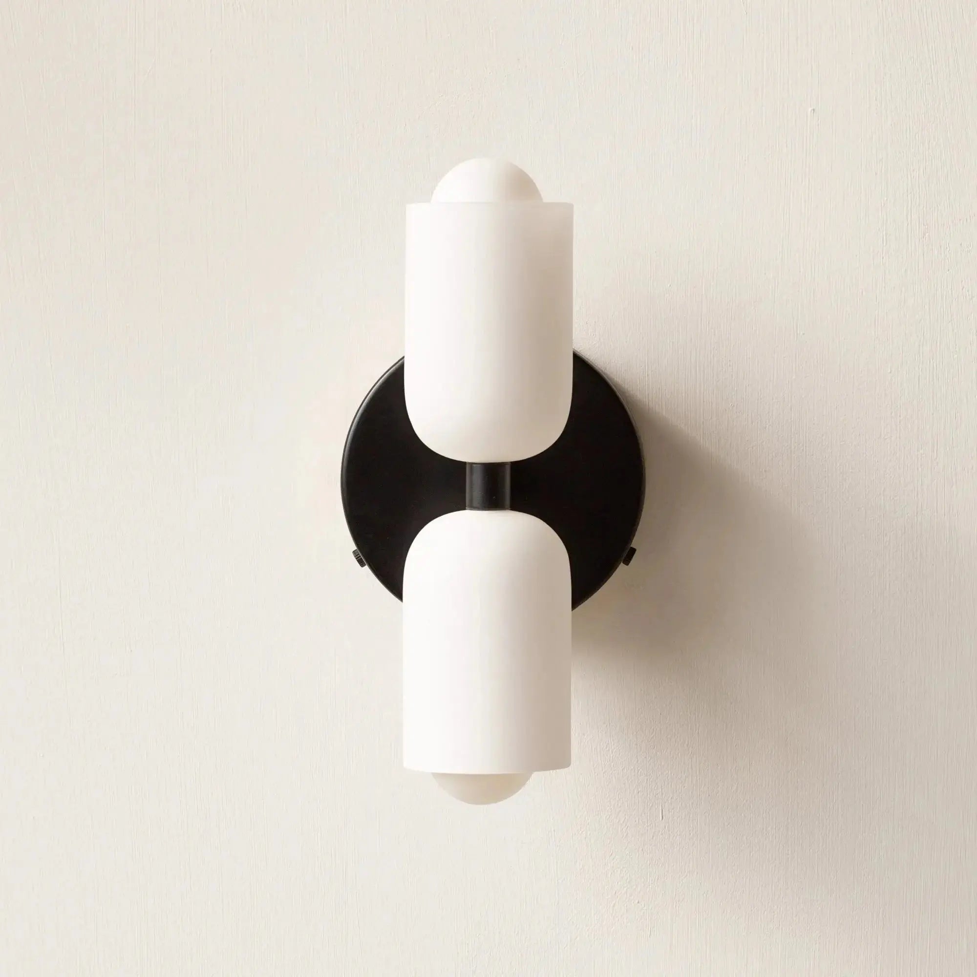 Zenvia Essentials Modern Up Down Acrylic Wall Light with black base and two white glass shades