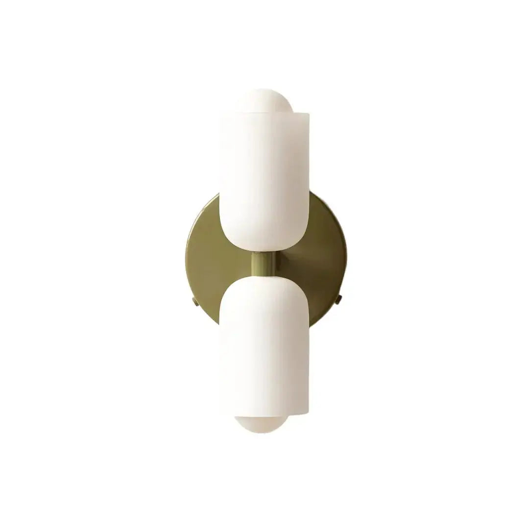 Zenvia Essentials Modern Up Down Acrylic Wall Light with brass finish, gold metal plate and two white glass shades