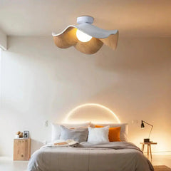 White Scandinavian Wood Ceiling Light by Zenvia Essentials in a modern bedroom setting