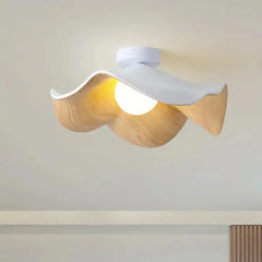 Zenvia Essentials Scandinavian Wood Ceiling Lights with white curved wood design and lit bulb