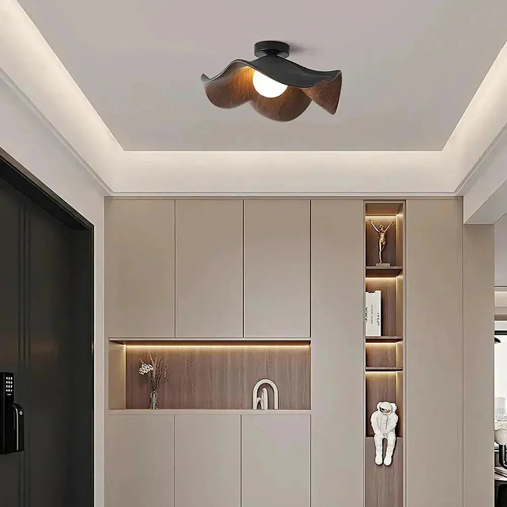 Zenvia Essentials Scandinavian Wood Ceiling Lights with a black wave-shaped wooden shade and built-in shelf