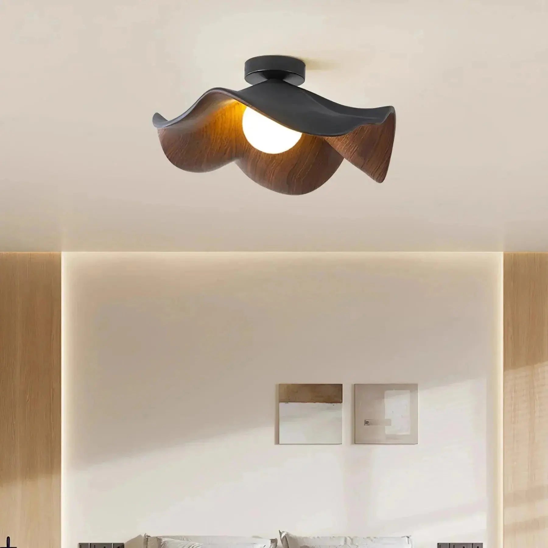 Zenvia Essentials Scandinavian Wood Ceiling Lights with a curved wave-like shape and wooden base