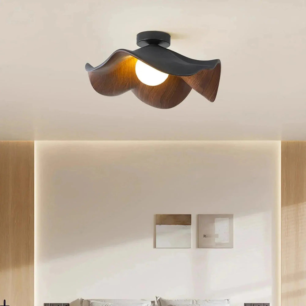 Zenvia Essentials Scandinavian Wood Ceiling Lights with a curved wave-like shape and wooden base