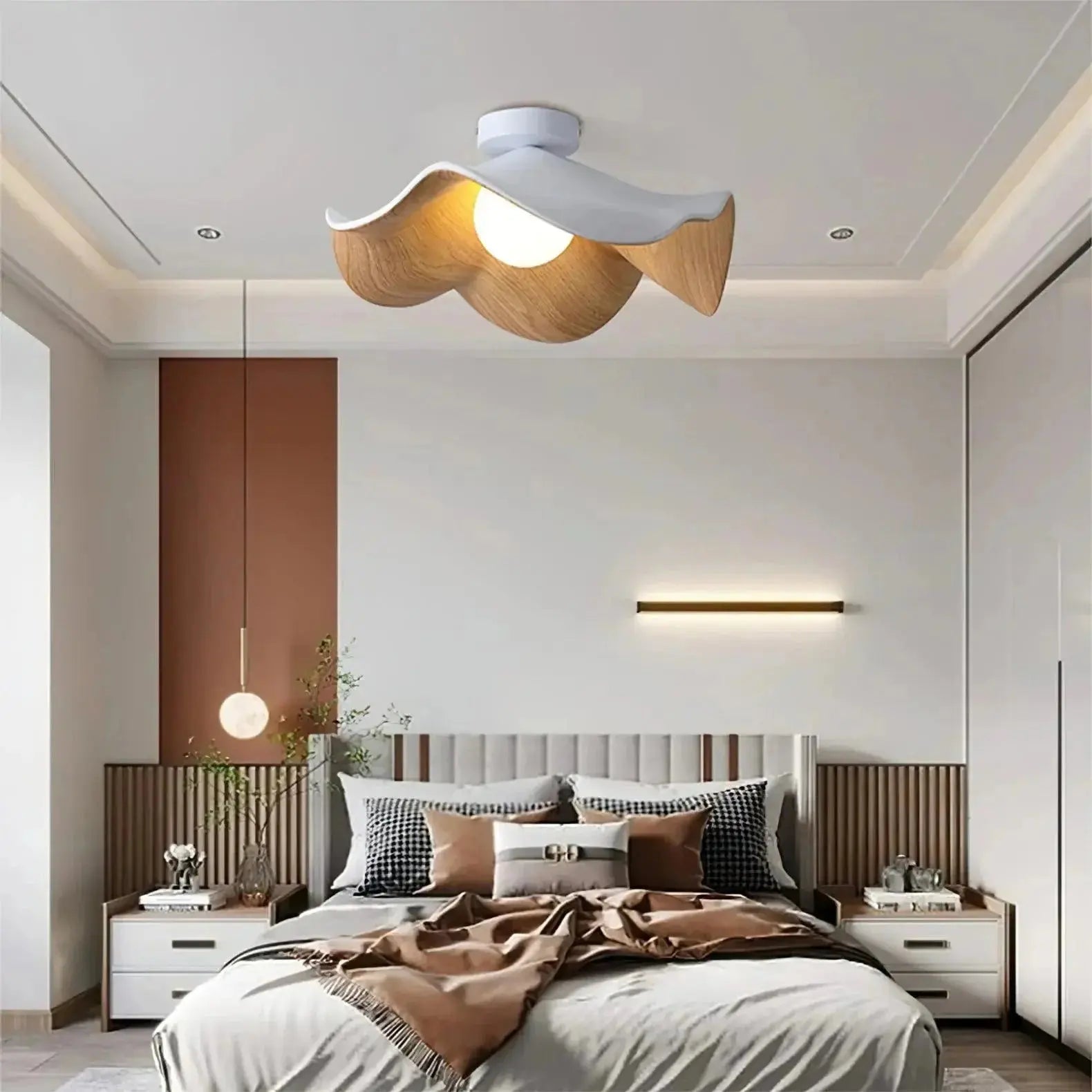 Zenvia Essentials Scandinavian Wood Ceiling Lights hanging from a ceiling in a modern bedroom