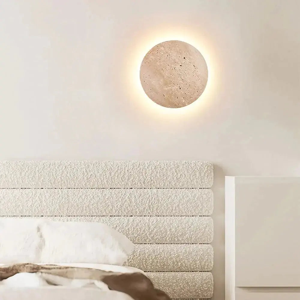 Zenvia Essentials Stone-Inspired Round Wall Lamp with beige stone texture