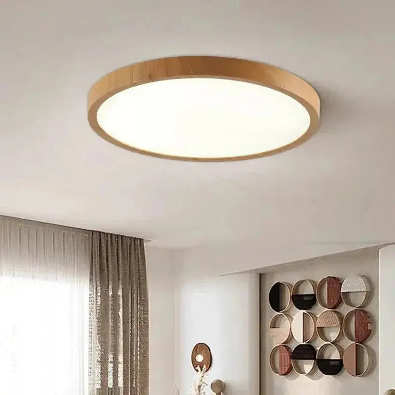 Zenvia Essentials Ultrathin Circular Ceiling Light with white glass shade and wooden frame
